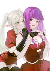 Rule 34 | 2girls, belt, black gloves, black thighhighs, blush, capelet, christmas, dress, elf, fern (sousou no frieren), frieren, gloves, green eyes, highres, hug, hug from behind, long hair, looking at another, mmi ryu, multiple girls, open mouth, pointy ears, purple eyes, purple hair, red capelet, red dress, red shorts, santa dress, short shorts, shorts, simple background, smile, sousou no frieren, thighhighs, twintails, white background, white hair