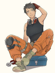 Rule 34 | 1girl, ace combat, ace combat 7, arm up, avril mead, bare arms, black hair, black tank top, commentary, hand on own head, headphones, headphones around neck, holding, holding wrench, knee brace, looking to the side, magobohe, parted lips, shoes, short hair, sitting, tank top, tattoo, tomboy, toolbox, tools, twitter username, wavy hair, wrench, yellow eyes