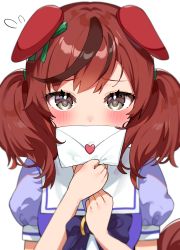 Rule 34 | 1girl, animal ears, blush, brown eyes, brown hair, ear covers, flying sweatdrops, highres, holding, holding letter, horse ears, horse girl, horse tail, inuyama nanami, letter, love letter, medium hair, nice nature (umamusume), puffy short sleeves, puffy sleeves, red hair, school uniform, short sleeves, simple background, solo, tail, tracen school uniform, two side up, umamusume, upper body, white background