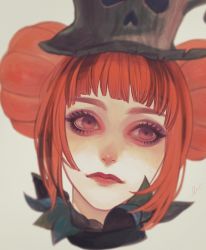 Rule 34 | 1girl, black hat, blunt bangs, closed eyes, closed mouth, commentary request, copyright request, double bun, eyelashes, grey background, hair bun, hat, head tilt, highres, lipstick, makeup, murasaki (fioletovyy), pale skin, portrait, red hair, red lips, short hair, signature, solo, top hat