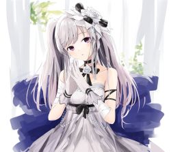Rule 34 | 1girl, bare shoulders, black bow, black choker, blush, bow, choker, collarbone, commentary request, curtains, doran (dorannomai), dress, earrings, flower, gloves, grey dress, grey gloves, hair flower, hair ornament, hands up, head tilt, highres, idolmaster, idolmaster shiny colors, jewelry, long hair, looking at viewer, parted lips, purple eyes, rose, silver hair, solo, steepled fingers, strapless, strapless dress, twintails, upper body, white flower, white rose, yukoku kiriko