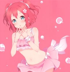 Rule 34 | 1girl, 6u (eternal land), :o, absurdres, aqua eyes, bikini, blush, breasts, cropped, halterneck, highres, kurosawa ruby, looking at viewer, love live!, love live! school idol festival, love live! sunshine!!, open mouth, pink theme, red hair, short hair, simple background, small breasts, solo, splashing, swimsuit, third-party edit, two side up, waifu2x