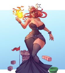 Rule 34 | 1girl, ? block, armlet, bare shoulders, black collar, black dress, bowsette, bracelet, breasts, breath weapon, breathing fire, brick block, cleavage, collar, collarbone, crown, dark skin, dress, earrings, fangs, fingernails, fire, giant, giantess, horns, huge breasts, jewelry, long hair, looking at viewer, mario (series), n647, nail polish, new super mario bros. u deluxe, nintendo, pointy ears, red hair, red nails, sharp fingernails, sharp teeth, solo, spiked armlet, spiked bracelet, spiked collar, spiked shell, spiked tail, spikes, standing, strapless, strapless dress, super crown, tail, teeth, thick eyebrows, turtle shell