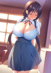 Rule 34 | 1girl, arms behind head, black hair, blush, bow, bowtie, bra, breasts, breasts out, bursting breasts, closed eyes, commentary request, couch, highres, huge breasts, indoors, kazuma (kazumav), long hair, looking at viewer, low twintails, original, red bow, red bowtie, skirt, solo, suspender skirt, suspenders, twintails, underwear, white bra