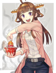 Rule 34 | 1girl, :d, ahoge, belt, brown hair, casual, commentary request, contemporary, cowboy shot, hairband, headgear, itou (onsoku tassha), jacket, kantai collection, kongou (kancolle), long hair, long sleeves, looking at viewer, nakau, open mouth, purple eyes, sidelocks, smile, solo, tea