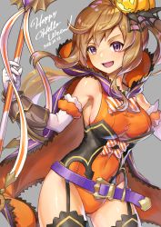 Rule 34 | 1girl, belt, black thighhighs, bow, bowtie, bracelet, breasts, brown hair, cape, covered navel, cowboy shot, dated, diagonal-striped neckwear, dragalia lost, elbow gloves, elisanne, english text, frilled cape, garter straps, gloves, grey background, hair ornament, halloween, happy halloween, highres, holding, holding polearm, holding spear, holding staff, holding weapon, jack-o&#039;-lantern, jack-o&#039;-lantern hair ornament, jewelry, large breasts, leotard, long hair, looking at viewer, nemoto yuuma, open mouth, orange bow, orange bowtie, orange cape, orange leotard, polearm, purple belt, purple cape, purple eyes, side ponytail, simple background, sleeveless, smile, solo, spear, staff, standing, striped bow, striped bowtie, striped clothes, striped neckwear, thighhighs, two-sided cape, two-sided fabric, underbust, weapon, white gloves