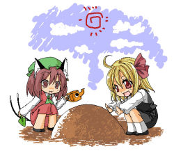 2girls animal_ears blonde_hair cat_ears cat_girl chen chibi dress female_focus hat multiple_girls ogera_okera outdoors red_eyes rumia shoot_the_bullet sky touhou white_background