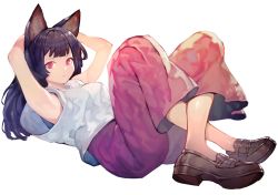 Rule 34 | 1girl, alternate costume, animal ears, armpits, arms behind head, arms up, bare arms, bare shoulders, black hair, blunt bangs, breasts, brown footwear, commentary request, crossed legs, full body, imaizumi kagerou, long hair, looking at viewer, lying, medium breasts, on back, onion (onion and pi-natto), pants, pink eyes, red pants, shirt, shoes, simple background, sleeveless, sleeveless shirt, solo, touhou, white background, white shirt, wolf ears