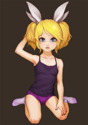 Rule 34 | 1girl, armpits, blonde hair, blue eyes, bow, boyshort panties, camisole, collarbone, hair bow, hand on own head, kagamine rin, nail polish, ninny-world, open mouth, short hair, short twintails, simple background, sitting, socks, solo, twintails, vocaloid, wariza