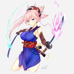 Rule 34 | 1girl, armpits, blue eyes, blue kimono, breasts, earrings, faraway0128zz, fate/grand order, fate (series), fire, highres, holding, holding sword, holding weapon, japanese clothes, jewelry, kimono, miyamoto musashi (fate), miyamoto musashi (first ascension) (fate), ponytail, scabbard, sheath, smile, solo, sword, weapon, white hair