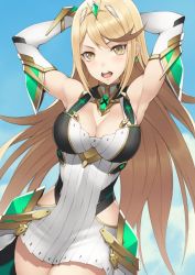 Rule 34 | 1girl, armpits, arms behind head, banned artist, blonde hair, blue sky, breasts, cleavage, cloud, cloudy sky, dress, earrings, elbow gloves, gloves, jewelry, kyoeiki, looking at viewer, mythra (xenoblade), open mouth, outdoors, sky, sleeveless, sleeveless dress, solo, tiara, white dress, white gloves, xenoblade chronicles (series), xenoblade chronicles 2