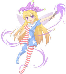 Rule 34 | 1girl, american flag dress, blonde hair, clownpiece, fairy, fairy wings, female focus, hat, highres, jester cap, long hair, looking at viewer, open mouth, pantyhose, purple eyes, shino megumi, solo, striped clothes, striped pantyhose, touhou, wand, wings