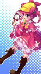 Rule 34 | 10s, 1girl, amo (shibu3), bloomers, blue eyes, blush, boots, bow, brown footwear, dress, hat, highres, magnifying glass, pink bow, pink dress, pink hair, sherlock shellingford, smile, solo, tantei opera milky holmes, twintails, underwear