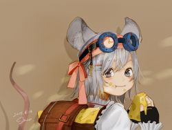 Rule 34 | 1girl, animal ear fluff, animal ears, backpack, bag, black gloves, blush, brown background, cheese, commentary, dated, eating, fingerless gloves, food, food in mouth, gloves, goggles, goggles on head, grey eyes, grey hair, hair between eyes, hair ornament, hairclip, headband, highres, holding, holding food, charm (object), long sleeves, looking at viewer, looking back, mouse ears, mouse tail, original, sako (35s 00), shirt, short hair, signature, smile, solo, tail, white shirt