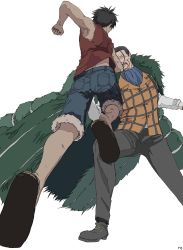Rule 34 | 2boys, black hair, clenched hands, clenched teeth, coat, coat on shoulders, crocodile (one piece), fighting, hair slicked back, highres, male focus, monkey d. luffy, multiple boys, one piece, shorts, sleeveless, teeth, ufkqz, vest, white background