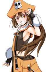 Rule 34 | 1girl, blush, breasts, brown eyes, brown hair, butt crack, fang, fingerless gloves, gloves, grin, guilty gear, hat, long hair, may (guilty gear), orange hat, pirate hat, poncocchan, ponytail, sideboob, skull and crossbones, small breasts, smile, solo