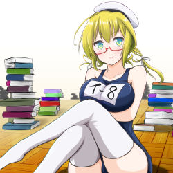 Rule 34 | 1girl, blonde hair, blue eyes, book, breasts, glasses, hat, highres, i-8 (kancolle), kantai collection, large breasts, low twintails, name tag, one-piece swimsuit, peaked cap, red-framed eyewear, sailor hat, school swimsuit, semi-rimless eyewear, sitting, sosser, swimsuit, swimsuit under clothes, thighhighs, tri tails, twintails, under-rim eyewear