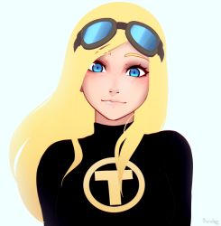 Rule 34 | 1girl, 2017, artist name, blonde hair, blue background, blue eyes, blush, dated, dc comics, female focus, goggles, lips, looking at viewer, razalor, simple background, solo, teen titans, terra (dc), text focus, upper body, watermark
