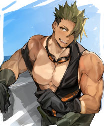 Rule 34 | 1boy, abs, achilles (fate), bara, bare pectorals, black gloves, black shirt, clothes around waist, day, fate/apocrypha, fate/grand order, fate (series), gloves, goggles, goggles around neck, green hair, green jacket, highres, jacket, jacket around waist, large pectorals, muscular, muscular male, natsuko (summer 525528), nipples, open mouth, orange eyes, outdoors, pectorals, shirt, short hair, sidepec, single hair intake, sky, sleeveless, sleeveless shirt, smile, solo, teeth, upper body, upper teeth only