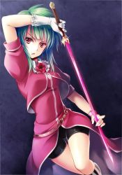 Rule 34 | 1girl, asellus (saga frontier), bike shorts, breasts, dress, flower, gloves, green hair, looking at viewer, red eyes, red flower, red rose, rose, saga, saga frontier, short hair, solo, sword, weapon
