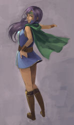 Rule 34 | 1990s (style), 1girl, boots, cape, faris scherwiz, female focus, final fantasy, final fantasy v, from behind, full body, gradient background, green eyes, headband, highres, long hair, looking back, purple hair, ra-ya hinata, retro artstyle, simple background, sleeveless, solo, standing, wristband