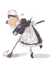 Rule 34 | 1girl, blue archive, cleaning, closed eyes, full body, halo, highres, japanese text, maid, momoi (blue archive), momoi (maid) (blue archive), osorii, simple background, solo, standing, standing on one leg, white background