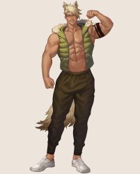 Rule 34 | 1boy, abs, animal ears, artist name, bara, biceps, blue eyes, ear piercing, earrings, flexing, fox ears, fox tail, highres, jacket, jewelry, jouvru, large pectorals, looking at viewer, male focus, muscular, muscular male, navel, original, pants, pectoral cleavage, pectorals, piercing, shoes, smile, solo, tail, tattoo, thick arms, veins