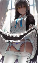 Rule 34 | 1girl, apron, black hair, blue archive, blue ribbon, blush, bow, bow panties, breasts, closed mouth, clothes lift, clothes pull, crotch seam, dark-skinned female, dark skin, dress, dress lift, frown, garter belt, gloves, groin, hair between eyes, hews, highres, indoors, karin (blue archive), large breasts, lifted by self, long hair, looking at viewer, maid, maid headdress, panties, pantyhose, pantyhose pull, puffy short sleeves, puffy sleeves, ribbon, short sleeves, solo, thighs, underwear, white apron, white gloves, white panties, white pantyhose, window, yellow eyes