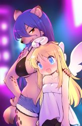 Rule 34 | 1girl, 1other, :3, :d, angel, bikini, bikini top only, black shorts, blonde hair, blue hair, blue shorts, blurry, blurry background, blush, broken halo, collarbone, crimvael, crunchobar, dress, elza (ishuzoku reviewers), fang, furry, furry female, furry with non-furry, halo, hand on another&#039;s shoulder, highres, hyena girl, interspecies, ishuzoku reviewers, long hair, looking at another, navel, open mouth, orange eyes, short shorts, shorts, smile, snout, sweatdrop, swimsuit, open fly, white dress