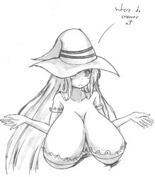 Rule 34 | 1girl, :&lt;, bare shoulders, breasts, cleavage, detached sleeves, dragon&#039;s crown, dress, english text, greyscale, hat, hat over one eye, huge breasts, long hair, maullarmaullar, monochrome, shrugging, sketch, solo, sorceress (dragon&#039;s crown), strapless, strapless dress, upper body, witch hat