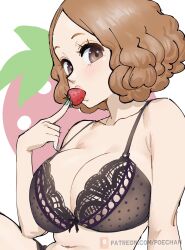 Rule 34 | 1girl, aqua nails, black bra, bra, breasts, brown eyes, brown hair, cleavage, eating, eyelashes, food, food in mouth, fruit, highres, lace, lace-trimmed bra, lace trim, large breasts, looking at viewer, nail polish, okumura haru, persona, persona 5, poechan chan, short hair, solo, strawberry, underwear, upper body