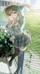 Rule 34 | 1girl, almic, barbed wire, blush, bow, bowtie, breasts, brown eyes, brown hair, collared shirt, flower, grass, hair ornament, highres, jinguuji naori, koi wa futago de warikirenai, large breasts, lock, long hair, long sleeves, looking at viewer, miniskirt, mole, mole under eye, multicolored necktie, necktie, official art, open mouth, orange bow, orange bowtie, outdoors, plaid, plaid skirt, pleated skirt, school uniform, shirt, sidelocks, skirt, sleeves rolled up, smile, socks, solo, standing, sunlight, thighhighs, tree, twintails, two-tone necktie, uniform, white bow, white bowtie, white shirt, zettai ryouiki