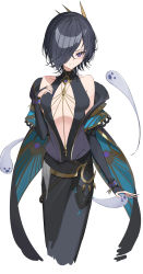 Rule 34 | 1girl, alternate hair length, alternate hairstyle, bare shoulders, black dress, black hair, breasts, breasts apart, cleavage cutout, closed mouth, clothing cutout, collarbone, cropped legs, dress, fingernails, ghost, granblue fantasy, hair over one eye, highres, juliet sleeves, lich (granblue fantasy), long sleeves, looking at viewer, medium breasts, nail polish, puffy sleeves, purple eyes, purple nails, rikui (rella2930), sharp fingernails, short hair, sleeveless, sleeveless dress, smile, solo, wristband