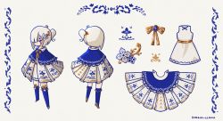 Rule 34 | 1girl, blue capelet, blue thighhighs, capelet, character sheet, cloak, dingus llama, dress, hair ornament, hair over one eye, hairpin, highres, ponytail, sky: children of the light, sky child, sleeveless, sleeveless dress, star (symbol), thighhighs, white cloak, white dress, white hair