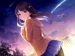 Rule 34 | 1girl, azuki yui, black pantyhose, blue skirt, breasts, brown hair, chain-link fence, cleavage, closed mouth, cloud, day, dutch angle, fence, hair ornament, hand on own chest, highres, lens flare, long hair, long sleeves, looking at viewer, night, night sky, original, outdoors, pantyhose, pleated skirt, purple eyes, purple hair, shooting star, skirt, sky, smile, solo, standing, star (sky), tree