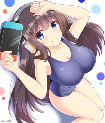 Rule 34 | 1girl, artist name, azur lane, blue eyes, blue one-piece swimsuit, blush, breasts, brown hair, cleavage, closed mouth, headphones, highres, holding, kamishiro (rsg10679), large breasts, long hair, long island (azur lane), looking at viewer, nintendo switch, one-piece swimsuit, school swimsuit, shadow, smile, solo, swimsuit, thighs, very long hair, white background
