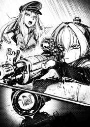 Rule 34 | aiming, didloaded, scar on face, fingerless gloves, gangut (kancolle), gloves, greyscale, gun, hat, holding, holding gun, holding weapon, jacket, jacket on shoulders, kantai collection, long hair, military hat, military jacket, monochrome, peaked cap, rain, rifle, scar, scar on cheek, scar on face, scope, shiranui (kancolle), sniper rifle, weapon, wet