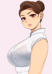 Rule 34 | 1girl, blush, bra, bra visible through clothes, breasts, brown eyes, brown hair, collared shirt, commentary request, earrings, from side, hair bun, highres, jewelry, large breasts, lips, looking at viewer, mature female, mole, mole under mouth, nemui333, original, parted lips, see-through, shirt, short sleeves, simple background, single hair bun, solo, stud earrings, thick lips, underwear, upper body, white shirt