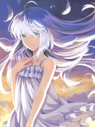 Rule 34 | 1girl, blue eyes, closed mouth, commentary request, cowboy shot, dress, feathers, flat chest, floating hair, frilled dress, frills, hair between eyes, hand on own chest, highres, long bangs, long hair, looking at viewer, natsuya (kuttuki), original, sleeveless, sleeveless dress, slit pupils, smile, solo, sundress, twitter username, watermark, web address, white dress, white hair