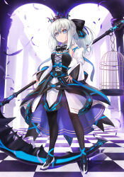 Rule 34 | 1girl, aged down, bare shoulders, birdcage, black bow, black dress, black thighhighs, blue eyes, bow, bowtie, braid, breasts, cage, detached collar, detached sleeves, dress, fate/grand order, fate (series), french braid, full body, grey hair, hair bow, high heels, highres, long hair, long sleeves, morgan le fay (fate), neko daruma, ponytail, scythe, sidelocks, small breasts, solo, thighhighs, tiara, two-tone dress, very long hair, white dress, wide sleeves
