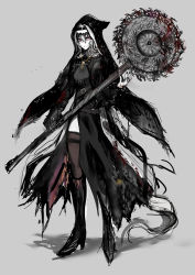 Rule 34 | 1girl, absurdres, arknights, black dress, black footwear, black thighhighs, blood, bloody weapon, boots, chuhaibane, circular saw, closed mouth, commentary, dress, full body, grey background, grey hair, hat, highres, holding, holding weapon, knee boots, long hair, looking at viewer, red eyes, saw, simple background, sketch, smile, solo, specter (arknights), thighhighs, thighs, weapon