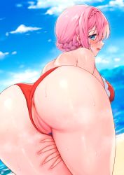 Rule 34 | 1girl, anus, ass, ayomo ro, bare shoulders, bikini, blue eyes, blush, braid, breasts, hair between eyes, highres, huge ass, large breasts, looking at viewer, looking back, navel, open mouth, pink hair, princess connect!, pussy, red bikini, short hair, solo, sweat, swimsuit, yui (princess connect!), yui (summer) (princess connect!)