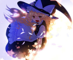 Rule 34 | 1girl, :d, apron, blonde hair, bow, hand on headwear, hat, hat bow, holding, holding hat, kirisame marisa, long hair, open mouth, smile, solo, star (symbol), touhou, waist apron, wide sleeves, yellow eyes, yusano