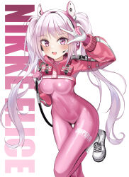 Rule 34 | 1girl, absurdres, alice (nikke), animal ear headphones, animal ears, bodysuit, breasts, covered navel, cropped jacket, fake animal ears, gloves, goddess of victory: nikke, grey hair, gun, gun on back, headphones, headset, highres, holding, holding gun, holding weapon, impossible bodysuit, impossible clothes, jacket, latex, latex bodysuit, long hair, looking at viewer, medium breasts, multicolored clothes, multicolored gloves, pink bodysuit, pink eyes, pink gloves, pink headphones, red jacket, shoes, shrug (clothing), sidelocks, skin tight, smile, sneakers, solo, syuma, twintails, two-tone gloves, weapon, weapon on back, white footwear, white gloves