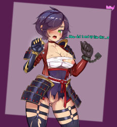 Rule 34 | 1girl, armor, bandages around chest, black hair, blush, bob cut, bottomless, breasts, chain, choker, cleft of venus, collarbone, cuffs, dirty, dirty clothes, dress, english text, facial scar, faulds, gloves, green eyes, highres, jacket, large breasts, mole, mole on breast, nipple slip, nipples, nisetanaka, no bra, no panties, one eye covered, open clothes, open jacket, open mouth, original, pauldrons, prosthesis, prosthetic arm, pussy, red rope, rope, rope belt, samurai, scar, scar across eye, scar on cheek, scar on face, short hair, shoulder armor, simple background, solo, standing, thigh strap, thighhighs, torn clothes, torn dress, torn thighhighs
