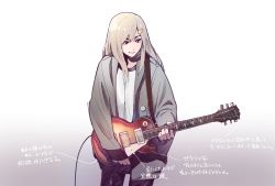 Rule 34 | 1girl, bad id, bad pixiv id, black hair, blonde hair, commentary request, cowboy shot, electric guitar, gradient background, grey background, guitar, hair ornament, hairclip, holding, holding instrument, instrument, jacket, kamameshi gougoumaru, long hair, long sleeves, looking to the side, loose clothes, music, open clothes, open jacket, playing instrument, shirt, smile, solo, translation request, white background, white shirt