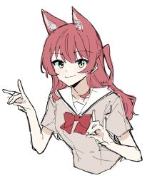 Rule 34 | 1girl, animal ears, bocchi the rock!, bow, bowtie, closed mouth, danji bang, double fox shadow puppet, fox ears, fox shadow puppet, green eyes, kita ikuyo, long hair, looking at viewer, one side up, red bow, red bowtie, red hair, sailor collar, school uniform, short sleeves, shuka high school uniform, smile, solo, upper body, white background, white sailor collar