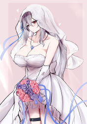 Rule 34 | 1girl, :o, absurdres, abyssal hunters logo, alternate costume, arknights, bare shoulders, bouquet, breasts, bridal veil, cleavage, collarbone, commentary request, cowboy shot, detached sleeves, dress, earrings, flower, hair between eyes, heart, highres, holding, holding bouquet, jewelry, kokihanada, large breasts, long hair, long sleeves, looking at viewer, necklace, pink background, purple flower, purple rose, red eyes, red flower, red rose, rose, silver hair, skadi (arknights), solo, strapless, strapless dress, thigh strap, thighs, veil, wedding dress, white dress