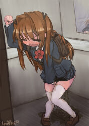 Rule 34 | 1girl, against wall, arm up, artist name, backpack, bag, between legs, black ribbon, blue jacket, blue skirt, blush, bow, bowtie, brown footwear, brown hair, buttons, clenched hand, collared shirt, dated, elevator, embarrassed, female focus, flat chest, full body, hair ribbon, hand between legs, have to pee, highres, indoors, jacket, knees together feet apart, leaning forward, long hair, long sleeves, miniskirt, mirror, nose blush, open mouth, original, pee, peeing, peeing self, pleated skirt, pocket, red bow, red bowtie, reflection, ribbon, school uniform, shirt, shoes, sidelocks, signature, skirt, solo, standing, thighhighs, thighs, two side up, ugogogesik, v-shaped eyebrows, wavy mouth, wet, wet clothes, wet skirt, wet thighhighs, white shirt, white thighhighs