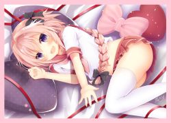 Rule 34 | 1boy, :d, ass, astolfo (fate), astolfo (sailor paladin) (fate), bed sheet, black bow, blush, border, bow, braid, clenched hand, commentary request, crop top, dot nose, fang, fate/apocrypha, fate/grand order, fate (series), feet out of frame, from above, from side, hair between eyes, hair bow, hair intakes, hand up, heart, heart-shaped pillow, highres, knees together feet apart, knees up, long hair, looking at viewer, lying, male focus, miniskirt, multicolored hair, navel, neckerchief, on side, open mouth, outstretched arm, outstretched hand, pillow, pink border, pink hair, pink neckerchief, pleated skirt, polka dot pillow, purple eyes, raised eyebrows, reaching, reaching towards viewer, red ribbon, red sailor collar, red skirt, ribbon, sailor collar, school uniform, serafuku, shirt, short sleeves, signature, single braid, skirt, sleeve cuffs, smile, solo, star (symbol), stomach, streaked hair, striped pillow, thighhighs, trap, two-tone hair, unmoving pattern, very long hair, white hair, white shirt, white thighhighs, yukiyuki 441, zettai ryouiki